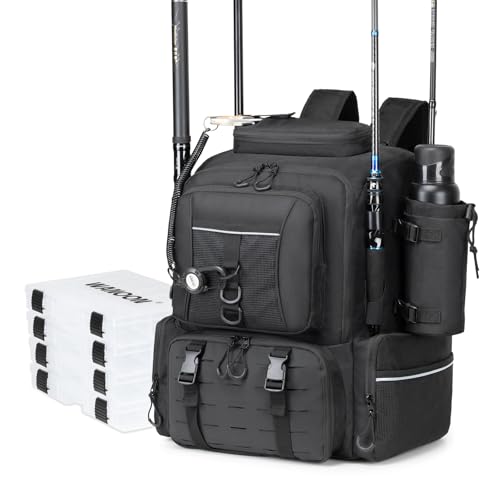 WANOON Fishing Backpack 45L with 4 Tackle Boxes | Durable & Comfortable, Waterproof Insulated Bait Pocket, 4 Rod Holders - color: Black, size: 45L-With Tackle Boxes