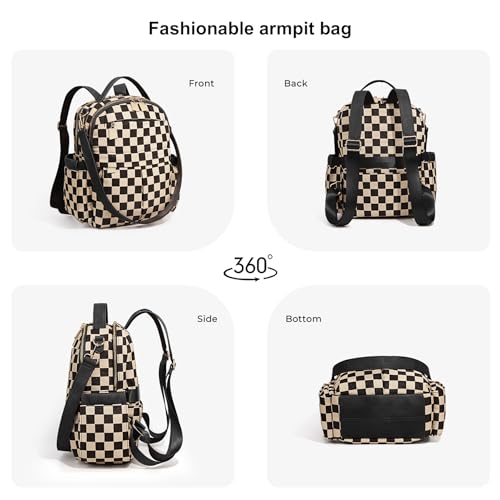 Checkered Backpack Purse Women Plaid Vegan Leather Fashion Travel Bag Large Designer Shoulder Handbag Commuter Brown (Plaid Black) - color: Plaid Black