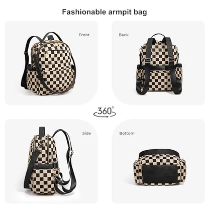 Checkered Backpack Purse Women Plaid Vegan Leather Fashion Travel Bag Large Designer Shoulder Handbag Commuter Brown (Plaid Black) - color: Plaid Black