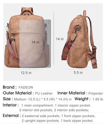 FADEON Leather Backpack Purse for Women Designer Travel Backpack Purses PU Fashion Ladies Shoulder Bag with Tassel - color: Retro Camel Brown Nubuck Style