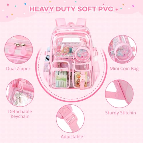 Clear Backpack for Girls School Clear Bookbag Stadium Events Heavy Duty Transparent Back Pack, Pink - color: Pink
