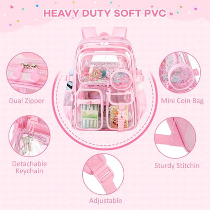 Clear Backpack for Girls School Clear Bookbag Stadium Events Heavy Duty Transparent Back Pack, Pink - color: Pink