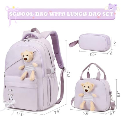 ACESAK School Backpack for Girls - 3 PCS Cute Girls Backpack with Lunch Box & Pencil Case - Kawaii Casual Kids Bookbag School Bag Daypacks Set for Elementary Middle High School Student Teens (Purple) - color: Purple
