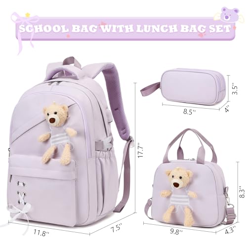 ACESAK School Backpack for Girls - 3 PCS Cute Girls Backpack with Lunch Box & Pencil Case - Kawaii Casual Kids Bookbag School Bag Daypacks Set for Elementary Middle High School Student Teens (Purple) - color: Purple