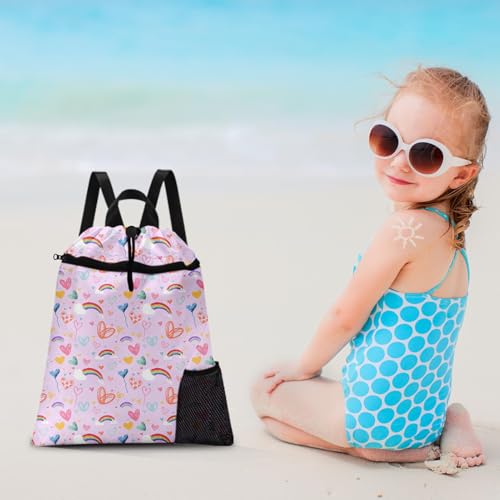 Pink Rainbow Drawstring Backpack, 15” x 17” Waterproof Swim Bag for Beach Swimming Pool, Lightweight Foldable Gym Bag with Water Bottle Holder for Sports Travel - color: Pink Rainbow
