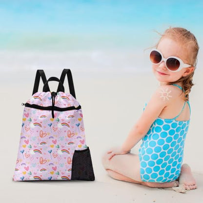 Pink Rainbow Drawstring Backpack, 15” x 17” Waterproof Swim Bag for Beach Swimming Pool, Lightweight Foldable Gym Bag with Water Bottle Holder for Sports Travel - color: Pink Rainbow