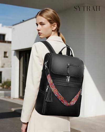 SYTRAH Leather Laptop Backpack for Women Designer Laptop Bag, 16.5 inch Travel Computer Backpacks Purse with Tassel for Work Business with Satchel Purse Black - color: Purse Black