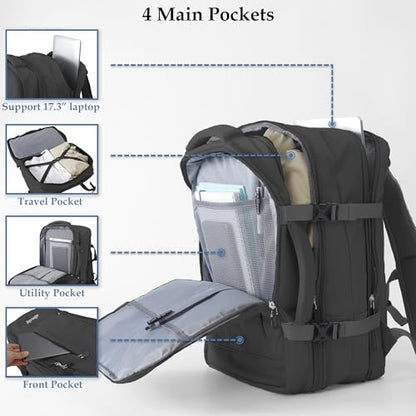 Travel Backpack, Expandable Large Capacity Business Work, Water Repellent Carry On Daypack with USB Charging Port, Fit 17 Inch Laptop, Bag for Men and Women, Black - color: Black