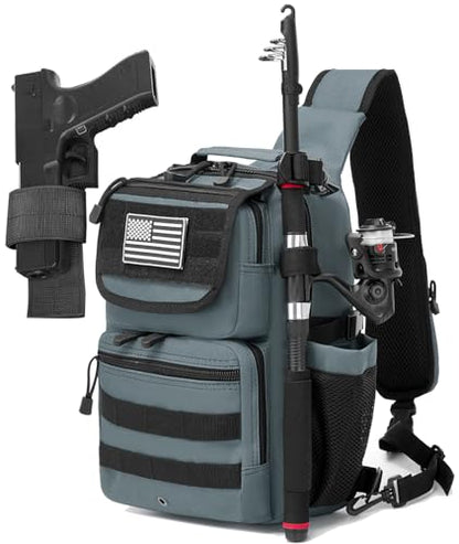 Tactical Sling Tackle Backpack Holster Fishing Crossbody Shoulder Strap Bag 15L Water Bottle Molle Accessories Pouch - color: Gray