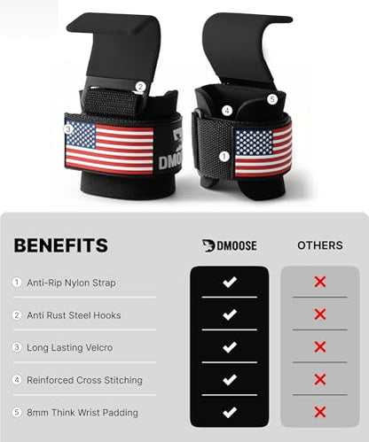 DMoose Fitness Weight Lifting Hooks (Pair) for Deadlifts, Pull Ups, Rows & Shrugs - Anti-Rip Nylon Strap Hand Grips with Thick Wrist Padding - Heavy Duty Wrist Straps for Weightlifting & Gym Workouts - color: American