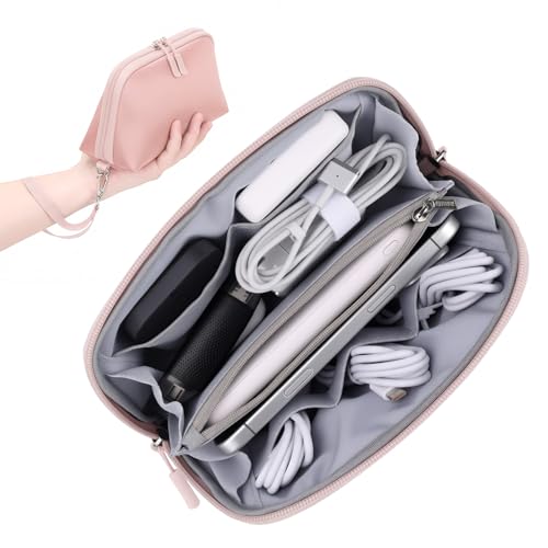 FYY Travel Cable Organizer - 8 Compartments Lightweight Water Resistant Tech Pouch with Wrist Strap, Portable Electronic Accessories Case for Cord Charger Storage for Travel Home Office, Pink (Small) - color: Pink, style: S