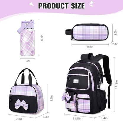 Bevalsa Backpack for Girls, Bow Bookpack with 14oz Insulated Water Bottle, Lunch Bag & Pen Case, Schoolbag for Kids & BPA-FREE Stainless Steel Metal Cup for Elementary Middle Student (Black Purple) - color: Black Purple