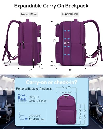 MILADA Expandable Travel Backpack 28L to 39L, TSA-Approved Carry On Backpack with 17 Inch Laptop Compartment, School Business Work Backpack for Men & Women, Purple - color: Purple