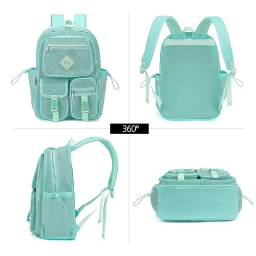 Green Mesh Backpack for Girls Boys, Mesh Bookbags Heavy Duty Semi-Transparent School Bag for College, Travel, Beach, Swimming, Sports - color: Green