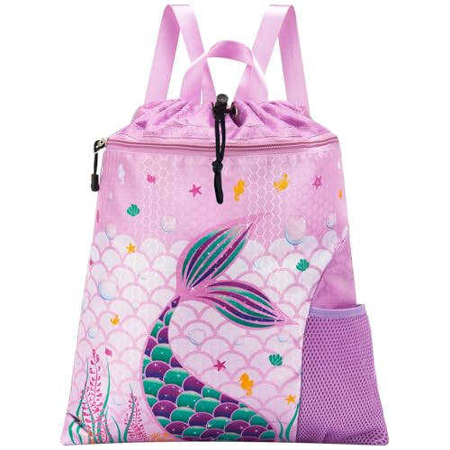 WAWSAM Gym Drawstring Backpack String Bag - 15” x 17” Sports Gym Bag for Kids Waterproof Swimming Beach Shopping Yoga Bag - color: Purple