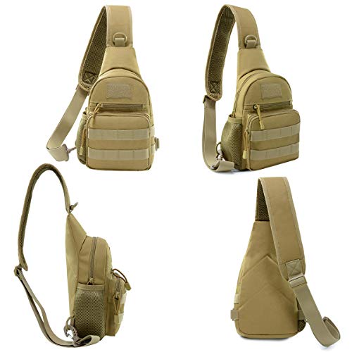 BraveHawk OUTDOORS Sling Chest Bag, 900D Nylon Tactical MOLLE Compact Crossbody Hiking Cycling Pack - color: Khaki