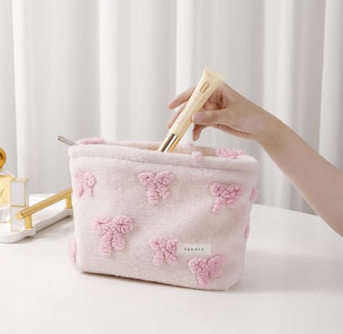 getgto 2 Pcs Makeup Bags, Large Cosmetic Bag Travel Toiletry Bag Organizer for Women, Plush Makeup Bag Small Cosmetic Pouch Purse with Zipper Gifts for Girls Teen - color: Girly pink