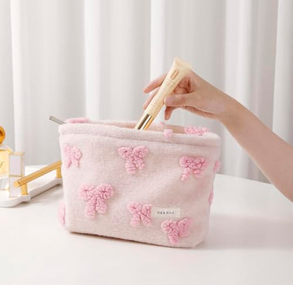 getgto 2 Pcs Makeup Bags, Large Cosmetic Bag Travel Toiletry Bag Organizer for Women, Plush Makeup Bag Small Cosmetic Pouch Purse with Zipper Gifts for Girls Teen - color: Girly pink