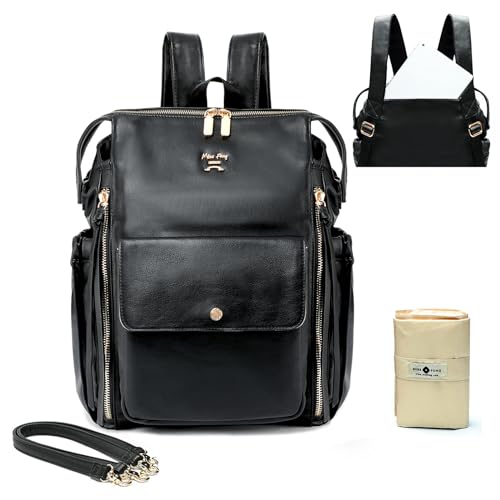 Miss Fong Leather Diaper Backpack - Baby Diaper Bag with 13 Pockets, Changing Pad, Stroller Straps, 4 Insulated Pockets (Black) - color: Black