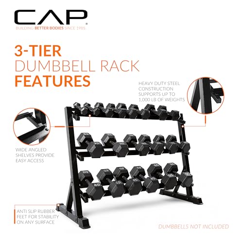 CAP 2-Tier & 3-Tier Dumbbell Rack for Home Gym, Heavy-Duty Steel Weight Storage Rack for Hex Dumbbells, Holds 5-35lb 5-50lb 5-75lb Dumbbell Pairs, Multiple Sizes & Capacities - style: 3-Tier for 5-50LB