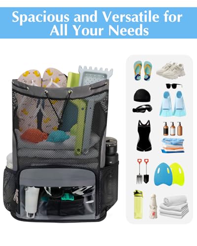 Drawstring Backpack Sandproof Beach Backpack with Shoe Compartment & Wet Pocket Waterproof Mesh Swim Bag Pool Bag for Gym, Travel and Workout Gear (Grey) - color: Grey