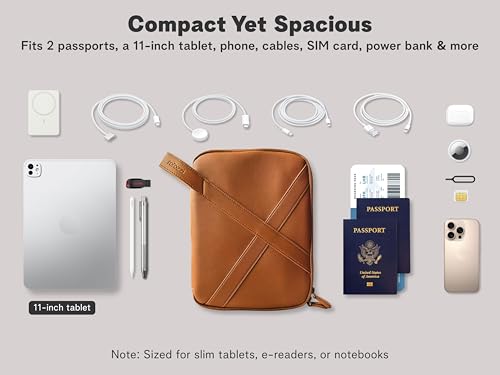 rofozzi Vegan Leather Travel Tech Pouch, Electronics & Cable Case Organizer with Padded 11-Inch Tablet Sleeve and Passport Pockets - color: Caramel