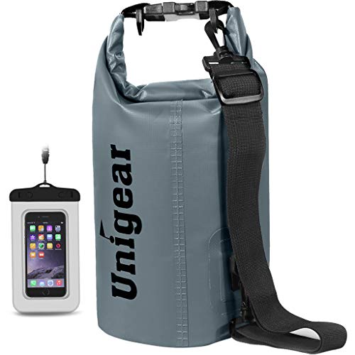 Unigear Dry Bag Waterproof, 2L/5L/10L/20L/30L/40L Floating and Lightweight Bags for Kayaking, Boating, Fishing, Swimming and Camping with Waterproof Phone Case - color: grey, size: 5L