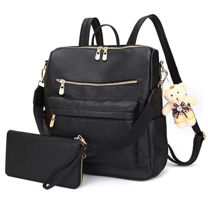 Soperwillton Women Backpack Purse Multipurpose Design Handbags Shoulder Bag PU Leather Travel bag Backpack Set 2pcs - color: Z-black