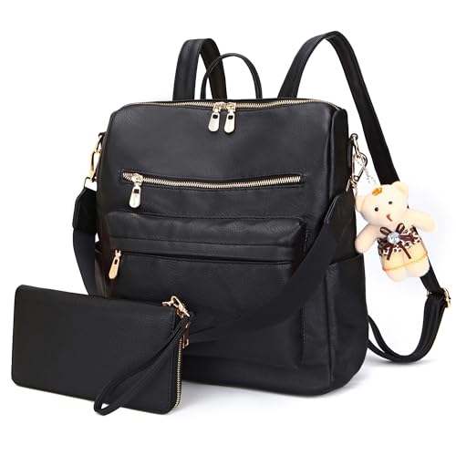 Soperwillton Women Backpack Purse Multipurpose Design Handbags Shoulder Bag PU Leather Travel bag Backpack Set 2pcs, Z-black - color: Z-black