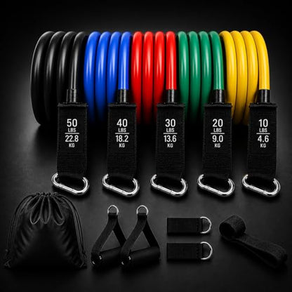 Resistance Bands Set 150 lbs - 5 Stackable Workout Bands with Handles, Door Anchor & Ankle Straps - Home Gym Equipment for Men Women - Strength Training & Physical Therapy
