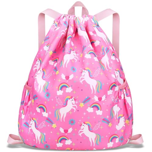 RHCPFOVR Drawstring Backpack for Kids - Unicorn Bags for Girls Mini Gym Dance Beach Swim Travel Bag With Two Water Bottle Holder - color: Pink Unicorn