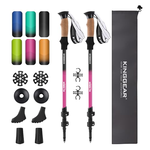 KINGGEAR Nordic Walking Stick, TP1 Hiking Poles Retractable Lightweight 7075 Aluminum, Trekking Poles with Flip Lock, Natural Cork and EVA Grip, 2pc Hiking Gear - color: Pink
