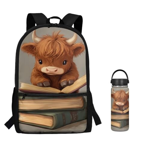 ZOUTAIRONG Cute Highland Cow Backpack for School Mini Thermos School Bags for Girls Boys 7-10/10-12/12-16, Large Capacity Casual Bookbag with Side Pockets - color: Cute Highland Cow