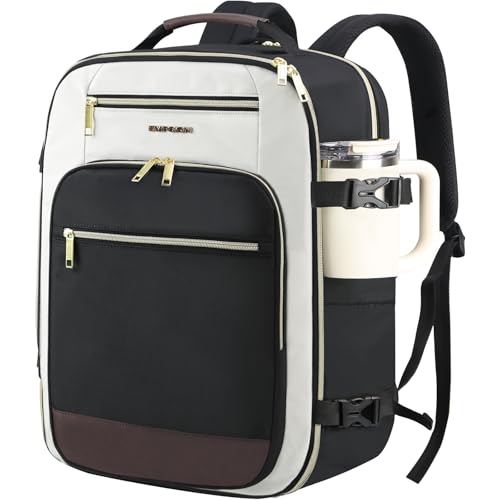 EMPSIGN 40L Travel Backpack for Women & Men, Airline Approved Carry On Backpack, TSA Personal Item Bag Waterproof, Overnight Weekender Essentials Backpacks for Business fits 17" Laptop, Black-Coffee - color: Beige/Black/Coffee