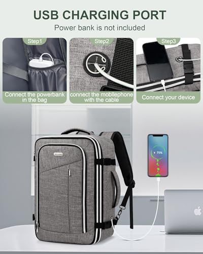 Travel Carry On 17.5" Laptop Expandable Backpack for Men Women, Personal Item Bag Waterproof Airline Approved with USB Charging Hole 3 Packing Cubes, Large Weekender Daypack Business Luggage Suitcase - color: Grey, size: Expandable