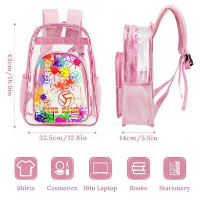 Custom Volleyball Clear Backpack Heavy Duty for Girls Kids Boys | Large Cool PVC Volleyball Theme Printing Transparent Backpacks for Schools Stadium Concerts Work - Clear/Pink - color: Volleyball Clear Backpack 1 Pink With Front Pocket Custom