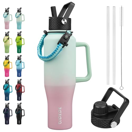 BJPKPK Insulated Water Bottles with Straw Lid, 40oz Metal Water Bottle with 2 lids & Paracord Strap, Double Wall Stainless Steel Tumbler with Handle, Reusable Cups, Mugs, Thermo, Marshmallow - color: Marshmallow, style: 40oz-Side Handle