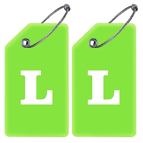 Gostwo 2 Pack Silicone Luggage Tags for Suitcases, 26 Initial Letter Baggage Labels Handbag School Bag Suitcase Instrument Tag with Stainless Steel Loop(Green)(Letter L) - color: Green, size: L