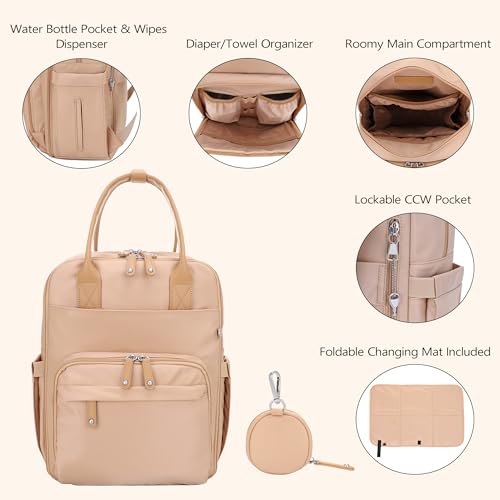 JESSIE & JAMES BeBe CCW Diaper Bag Nylon Backpack Multi Function Diaper Bag with Changing Pad & Stroller Straps_Camel/Camel - color: Camel/Camel