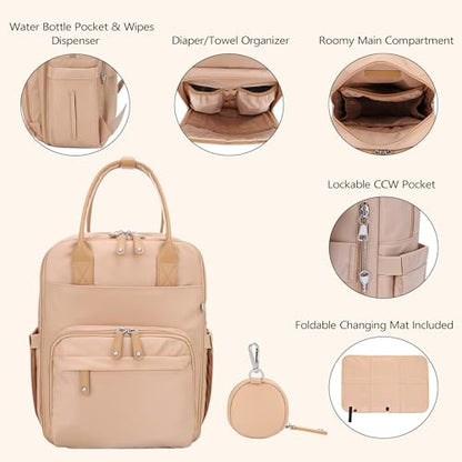 JESSIE & JAMES BeBe CCW Diaper Bag Nylon Backpack Multi Function Diaper Bag with Changing Pad & Stroller Straps_Camel/Camel - color: Camel/Camel