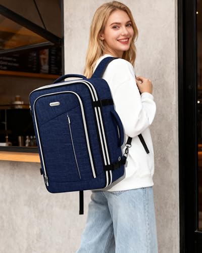 Travel Carry On 17.5" Laptop Expandable Backpack for Men Women, Personal Item Bag Waterproof Airline Approved with USB Charging Hole 3 Packing Cubes, Large Weekender Daypack Business Luggage Suitcase - color: Navy Blue, size: Expandable