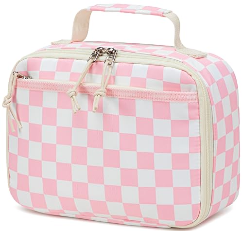 LEDAOU Lunch Box Kids Insulated Lunch Bag Girls Boys Toddler Reusable Lunchbox for School Picnic Hiking (Checkered-Pink) - color: Checkered-Pink