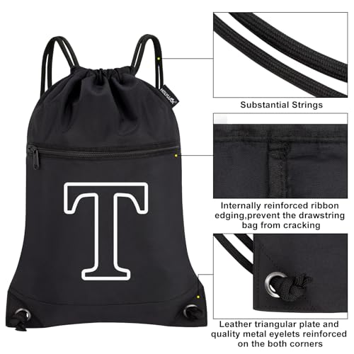 HOLYLUCK Drawstring Bags Initial Backpack Sackpack Cinch Bags for Sports, Gym, Travel, Beach(Black-T) - color: Black-t