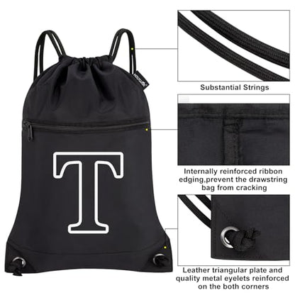 HOLYLUCK Drawstring Bags Initial Backpack Sackpack Cinch Bags for Sports, Gym, Travel, Beach(Black-T) - color: Black-t