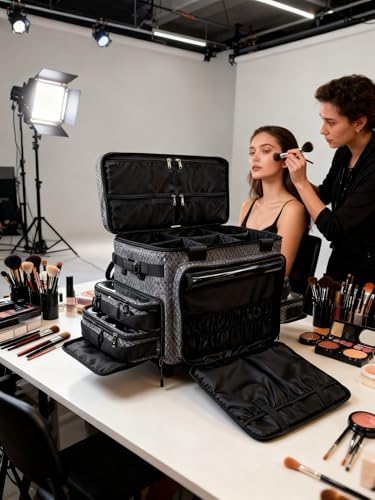 BaltFrist Rolling Makeup Bag with 4 Removable Bags，Trolley Cosmetic Bag with 5pcs 360°Rotating Wheels,Makeup Artist Travel Bag with Brushes Storage Section，Black Diamond Grid