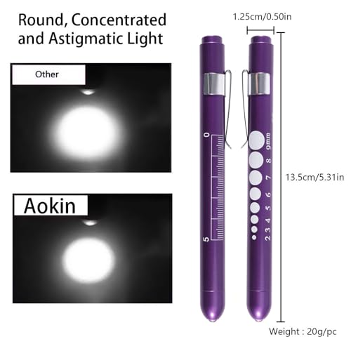 Aokin Medical Pen Light for Nurse Doctor, Reusable LED Medical Penlight Flashlight with Pupil Gauge and Ruler, White Light, Purple - color: Purple