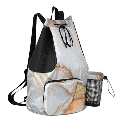 Drawstring Backpacks Sports Bag With Pockets Pull String Bag Waterproof Marble White Peach - color: Color 1