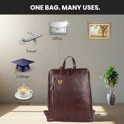 12.5 Inch Genuine Leather Backpack for Women and Men, Brown Leather Backpack with Adjustable Shoulder Strap - color: Brown
