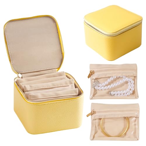 Travel Jewelry Organizer, Travel Jewelry Box with 6 Velvet Zipped Pouches Bags for Jewelries Necklaces Rings Earrings Sorting Storage for Women Girl Gifts, Butter Yellow - color: Butter Yellow - 6 Pouch
