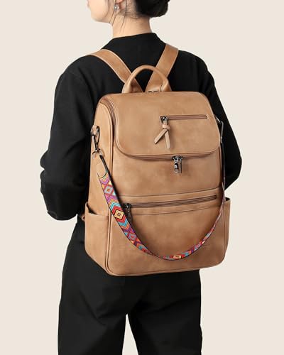 FADEON Laptop Backpack for Women Leather Travel Backpack with Laptop Compartment, Designer Ladies Computer Backpacks Camel - color: Camel Brown Retro Style